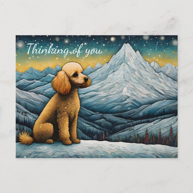 Cartão Postal Adorável Poodle Snowy Mountain Pensando Em Você (Frente)