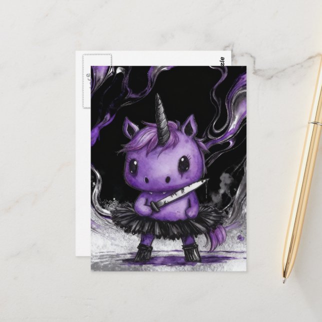 Cartão Postal Adorável Unicórnio Roxo em Tutu Com Faca (Frente/Verso In Situ)
