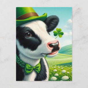 Cartão Postal Adorável Vaca do Dia de São Patrício com Trevo na