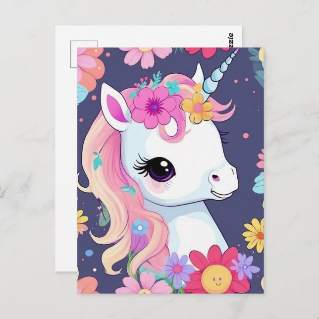 Cartão Postal Adorável White Baby Unicorn com Flores (Frente/Verso)