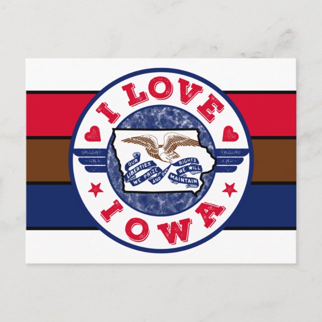 Cartão Postal Adoro Iowa Retro Strips State Map and Flag (Frente)