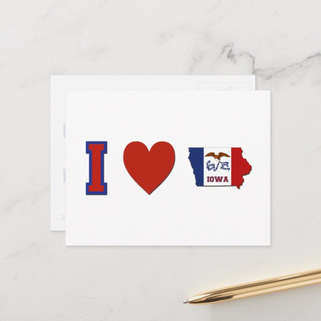 Cartão Postal Adoro Iowa Shaped State Flag Big Red Heart (Frente/Verso In Situ)
