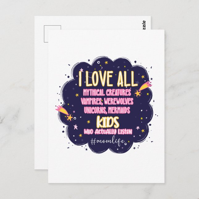 Cartão Postal Adoro Todas As Criaturas Míticas, Vampiros, Lobiso (Frente/Verso)