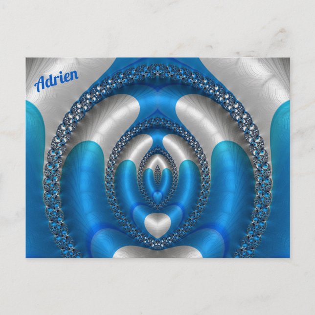 Cartão Postal ADRIEN Brilhante! ~ Azul Branco Design Fractal 3D  (Frente)