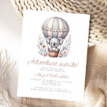 Cartão Postal Adventure Aguarda Chá de fraldas Balão de Urso Koa<br><div class="desc">Este cartão postal de chá de fraldas bonito apresenta uma doce aquarela numa cinza e um balão de ar quente listrado cor-de-rosa,  acima das palavras "Aventura aguarda!" no roteiro retrô. Personalize o texto com o nome da futura mãe no script e os detalhes na fonte sans serif.</div>