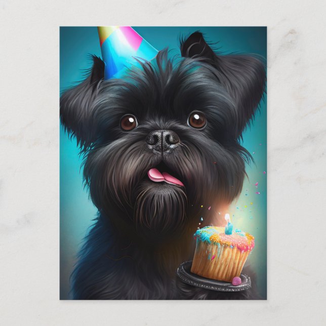 Cartão Postal Affenpinscher celebrando Bolo de Aniversário Balõe (Frente)