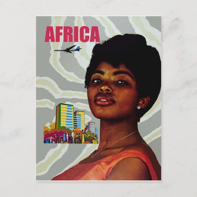Cartão Postal África. Mulher africana e cidade grande atrás, fot (Frente)