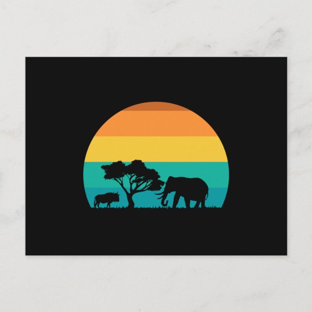 Cartão Postal África Pôr Do Sol Com Elefante E Gnu Retro (Frente)