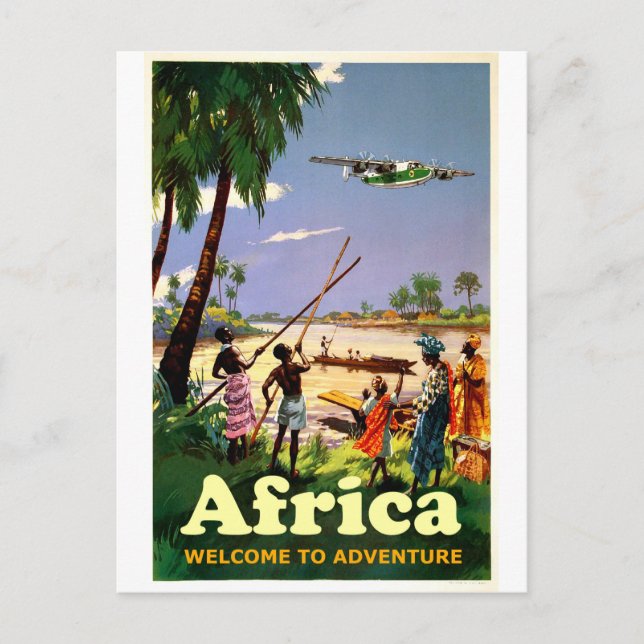 Cartão Postal África, tribo africana olhando para o próximo aviã (Frente)