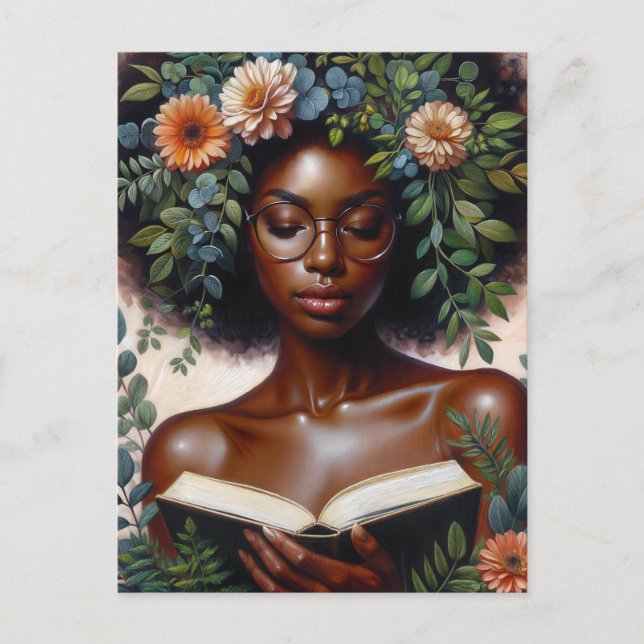 Cartão Postal Afro Botanical Woman Reading Book (Frente)