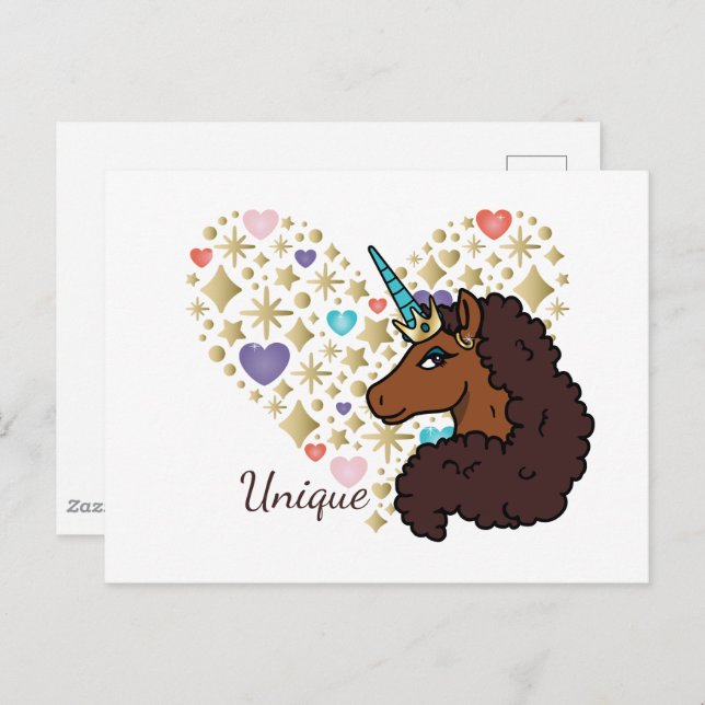 Cartão Postal Afro Unicorn | Design de Coração Único (Frente/Verso)