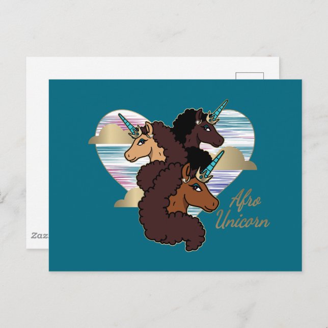 Cartão Postal Afro Unicorn Trio Heart Design (Frente/Verso)