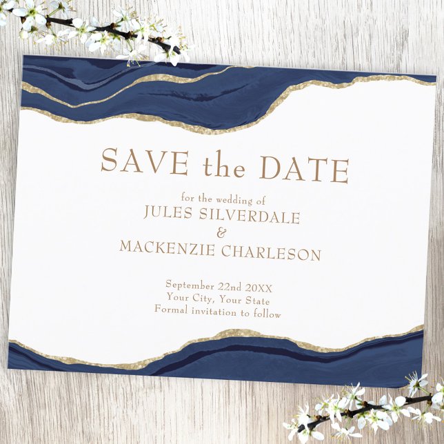 Cartão Postal Agate Elegante Salve a Glitter Dourada Azul do Mar (Agate gold Save the Date wedding postcard)