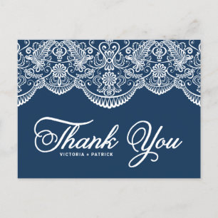 Cartão Postal Agradecimento Azul Elegante de Renda de Brocado Bo
