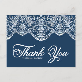 Cartão Postal Agradecimento Azul Elegante de Renda de Brocado Bo