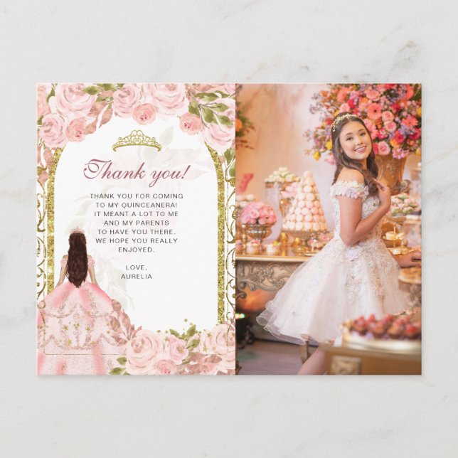 Cartão Postal Agradecimento Blush Rosa Floral Foto Quinceañera (Frente)