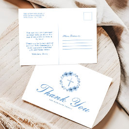 Cartão Postal Agradecimento Cristão Cruz Floral Azul Empoeirado