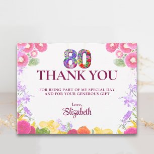 Cartão Postal Agradecimento de 80º Aniversário Pastel com Flores
