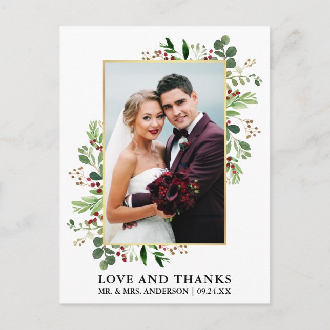 Cartão Postal Agradecimento de Amor de Verde de Inverno em Aquar (Frente)