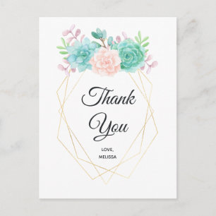 Cartão Postal Agradecimento de Aquarela de Suculentas Rosa e Ver