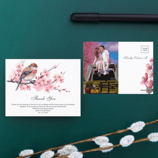 Cartão Postal Agradecimento de Casamento Aquarela Flor de Cereje (Criador carregado)