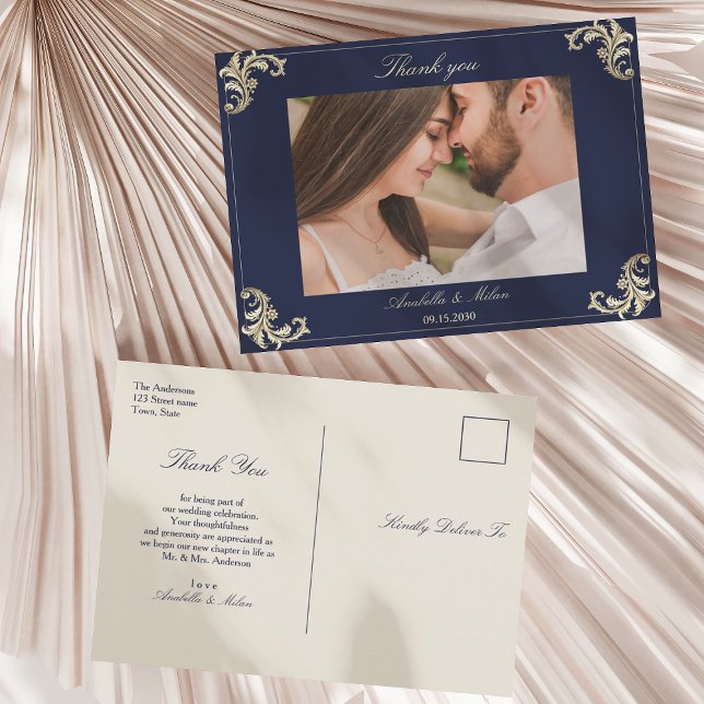 Cartão Postal Agradecimento de Casamento Barroco Azul Marinho (Criador carregado)