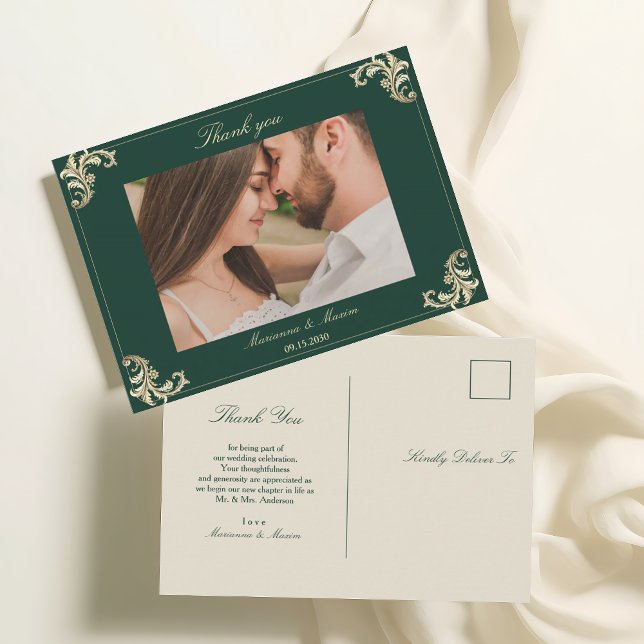 Cartão Postal Agradecimento de Casamento Barroco em Ouro Verde E (Criador carregado)