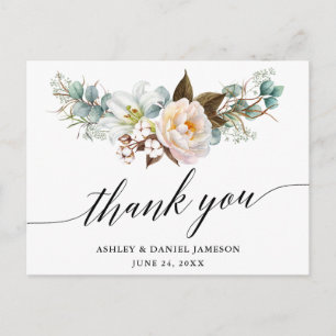 Cartão Postal Agradecimento de Casamento Caligrafia Floral Botân