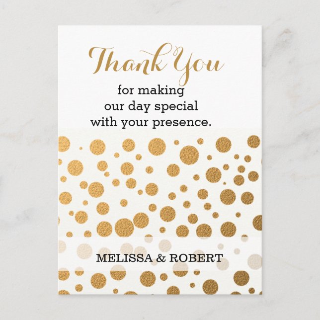 Cartão Postal Agradecimento de Casamento com Confetes de Ouro El (Frente)