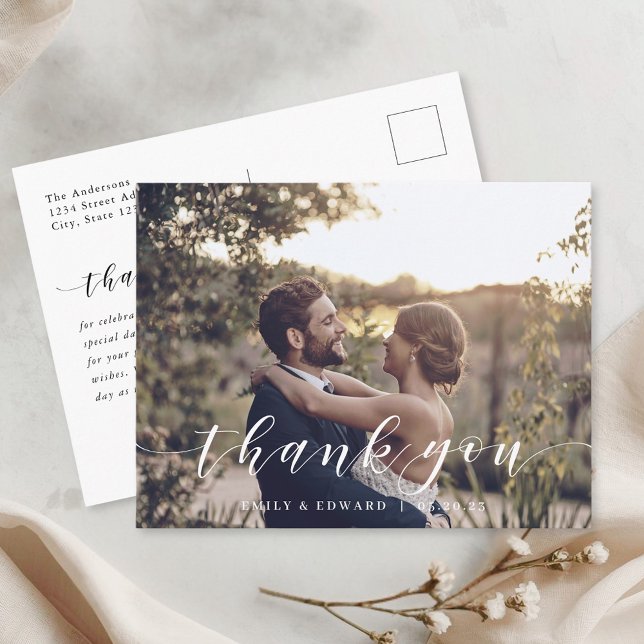 Cartão Postal Agradecimento de Casamento com Foto em Letra Manua (Criador carregado)