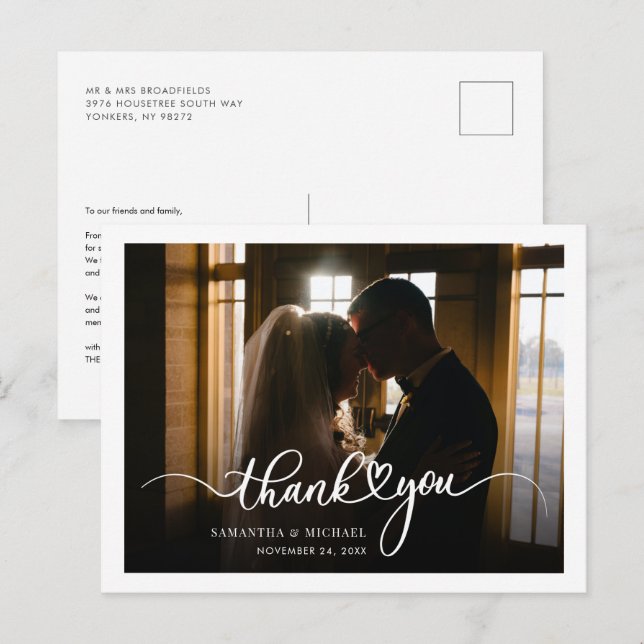 Cartão Postal Agradecimento de Casamento de Foto Escrita à Mão M (Frente/Verso)
