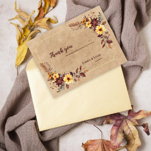 Cartão Postal Agradecimento de Casamento Floral Burgundy Amarelo