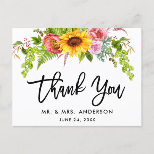 Cartão Postal Agradecimento de Casamento Floral de Girassol em S