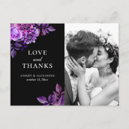 Cartão Postal Agradecimento de casamento floral em preto e roxo 