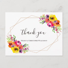 Cartão Postal Agradecimento de Casamento Floral Geométrico Brilh