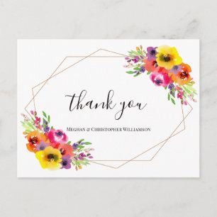 Cartão Postal Agradecimento de Casamento Floral Geométrico Brilh