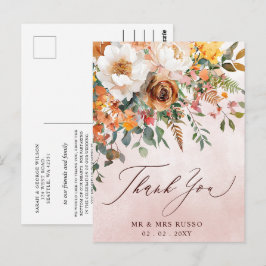 Cartão Postal Agradecimento de Casamento Floral Laranja Rústico 