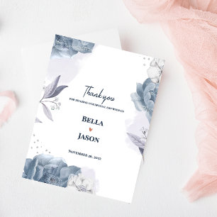 Cartão Postal Agradecimento de Casamento Floral Romântico Azul D
