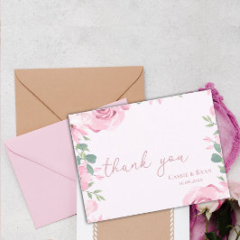 Cartão Postal Agradecimento de Casamento Floral Rosa Água-cor Bl