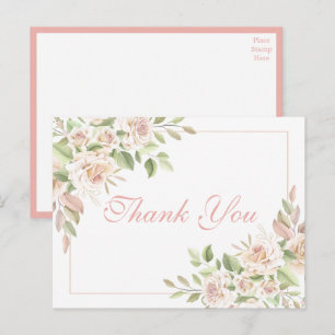 Cartão Postal Agradecimento de Casamento Floral Rosa em Aquarela