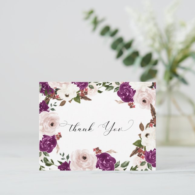 Cartão Postal Agradecimento de Casamento Floral Rosa Tomara que  (Em pé/Frente)