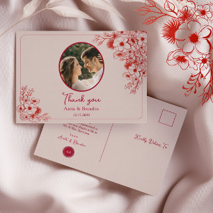Cartão Postal Agradecimento de Casamento Floral Rosa Vermelho