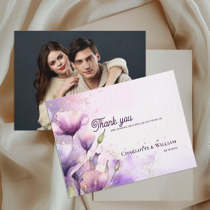 Cartão Postal Agradecimento de Casamento Foto Floral Roxo Românt