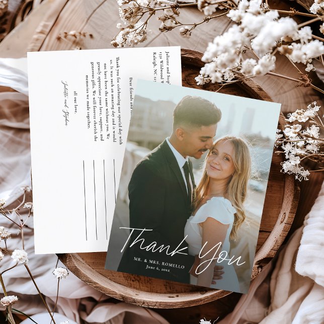 Cartão Postal Agradecimento de Casamento Foto Simples Roteiro Mo (Modern script photo wedding thank you postcard.)