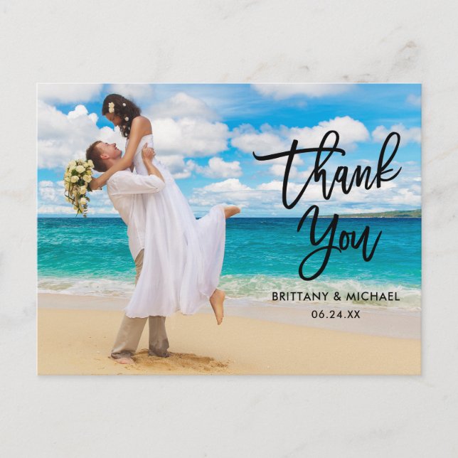 Cartão Postal Agradecimento de Casamento Moderno Blk Script Pinc (Frente)
