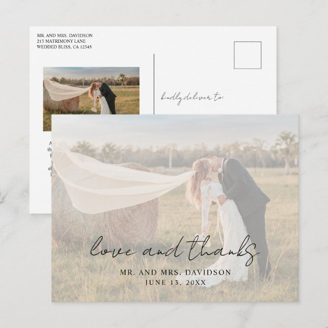 Cartão Postal Agradecimento de Casamento Moderno com Foto em Let (Frente/Verso)