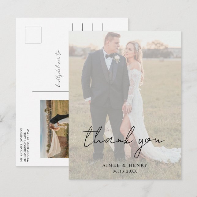 Cartão Postal Agradecimento de Casamento Moderno com Foto em Scr (Frente/Verso)
