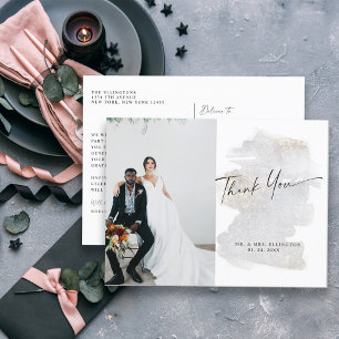 Cartão Postal Agradecimento de Casamento Prateado Cinza com Toqu