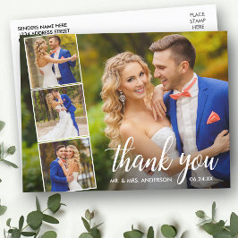 Cartão Postal Agradecimento de Colagem de 4 Fotos de Casamento e