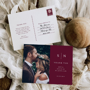 Cartão Postal Agradecimento de Foto de Casamento Burgundy Minima